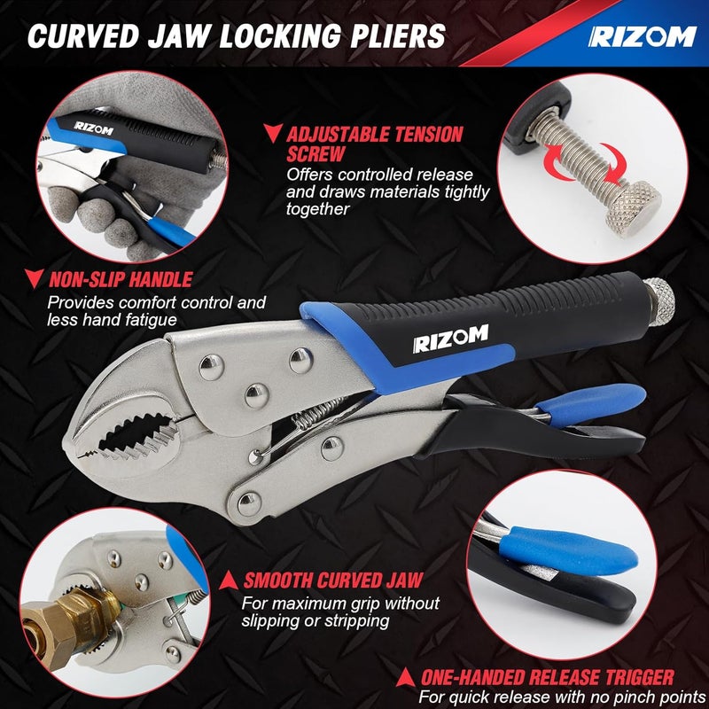 Rizom Vice Grips Pliers Set, 6-Piece Locking Pliers Set, 6-1/2”, 9-1/2” Needle Nose Vice Grips, 5”, 7” and 10” Curved Jaw Vise Grip, 6” C-clamp Locking Pliers, Fast Release with Rolling Pouch - Image 2